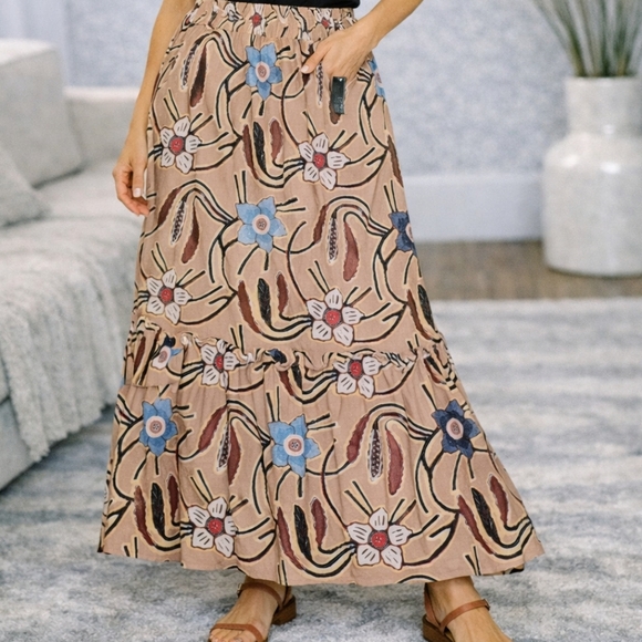 NWOT Christian Siriano NY Floral Patterned Maxi Skirt XS Boho Tan Brown Cottage - Picture 2 of 8